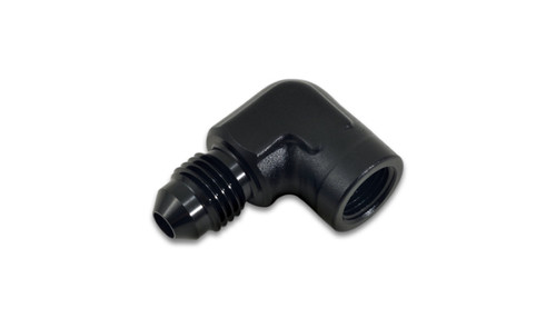 Vibrant -3AN to 1/8in NPT 90 degree adapter fitting, black anodized, male AN flare on one end, female NPT port on the other