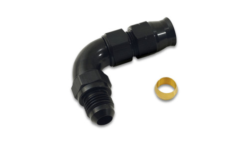 Vibrant black 90 degree AN fitting with 3/8in tube end and male -6AN flare, brass olive insert beside it