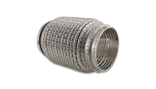 Vibrant stainless steel flex coupling with mesh braid, angled view showing both ribbed inlet and outlet ends