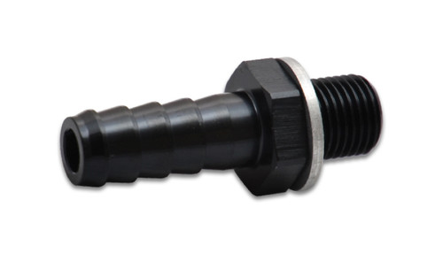 Vibrant black anodized aluminum fitting, M18x1.5 male threads on right, 3/8in barb end on left, hex nut center