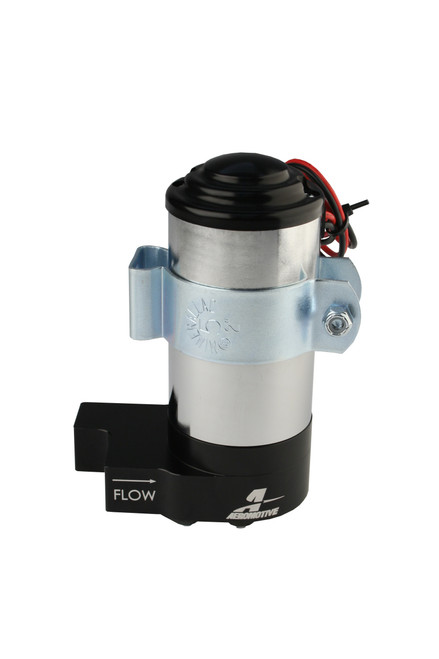 Aeromotive Street Pump 7 PSI fuel pump, front angle view showing flow arrow, mounting bracket and red/black leads