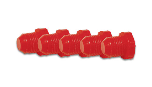 Vibrant red male AN flare plug, AN-20, side view showing hex fitting and threaded shank.