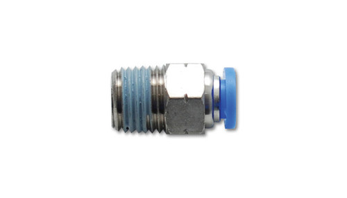 Vibrant male straight fitting, 3/8in NPT threaded end with hex nut and blue push to connect collet for 3/8in tubing.
