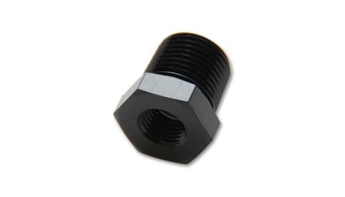 Vibrant black anodized hex pipe reducer adapter, 1in NPT male threads to 3/8in NPT female, angled view