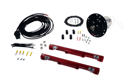 Aeromotive Cobra fuel system kit: A1000 pump, red fuel rails, wiring harness and fittings, top view.