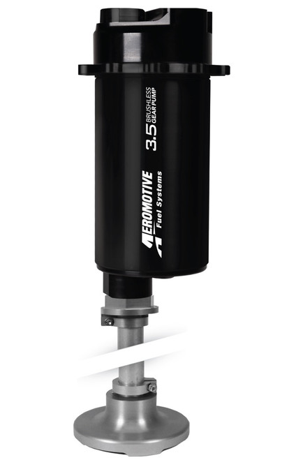 Aeromotive 3.5gpm Brushless Spur Gear Fuel Pump, angled view showing black motor housing and inlet mount base