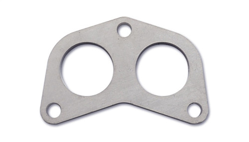 Vibrant Subaru EJ20 stainless steel exhaust manifold flange, angled view showing two large ports and three bolt holes