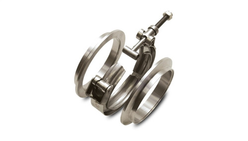 Vibrant titanium V-band flange assembly with clamp, showing two mating flanges for 3in OD tubing