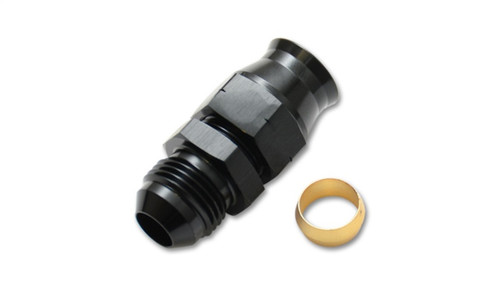 Vibrant -10AN male to .625in tube adapter fitting in black, shown with brass olive insert beside it