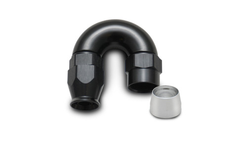 Vibrant -10AN 180 degree hose end fitting, black U-bend body with separate silver PTFE hose olive alongside it