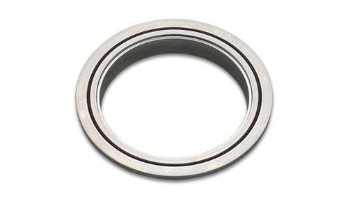 Vibrant aluminum V-band flange, female, for 4in OD tubing, shown at an angle with polished ring