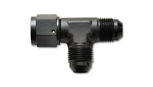 Vibrant -16AN tee fitting with female swivel nut, black anodized, three port branch view