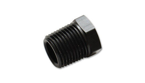 Vibrant 1/4in NPT hex head pipe plug in black, angled view showing threads and hex nut end.