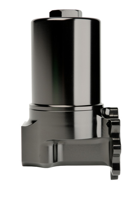 Aeromotive A3000 Pre-Filter Only shown at a side angle, black anodized billet housing with hex top and side fitting port