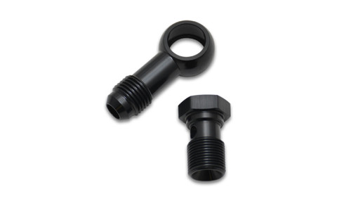 Vibrant Single -4AN 3/8-24 aluminum male banjo adapter assembly, showing banjo eye fitting with -4AN male flare hose end and hex banjo bolt, black