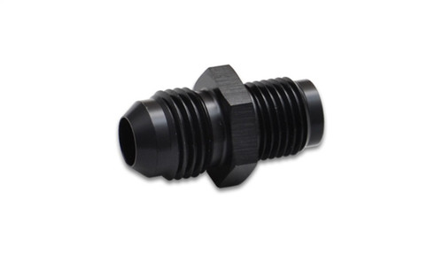 Vibrant black anodized aluminum AN adapter fitting, hex center, male flare threads on both ends.