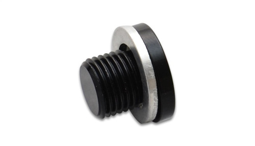 Vibrant M10 x 1.0 aluminum port plug, black anodized threads, crush washer, angled front view