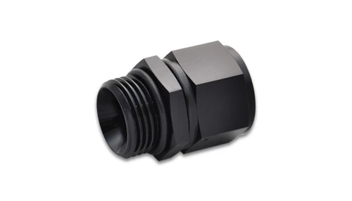 Vibrant -12AN female to -12AN male straight cut adapter, black anodized fitting with O-ring, side view