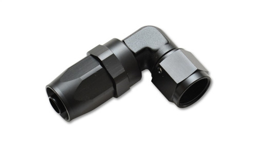 Vibrant 90 degree elbow forged hose end fitting, -12AN, black anodized aluminum, swivel nut visible