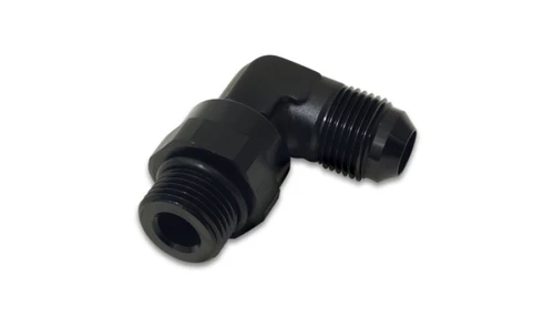 Vibrant -10AN male flare to -10AN ORB swivel 90 degree adapter, black anodized, threads visible on both ends