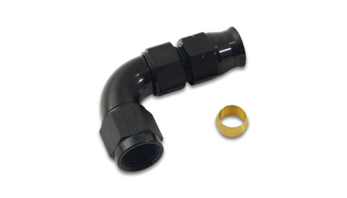 Vibrant 90 deg 5/16in tube to female -6AN adapter, black anodized elbow with brass olive insert beside it