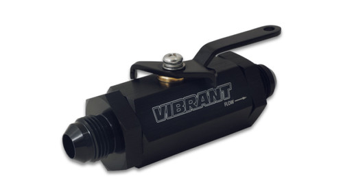 Vibrant -12AN to -12AN male shut off valve in black, angled view showing hex fittings and lever handle