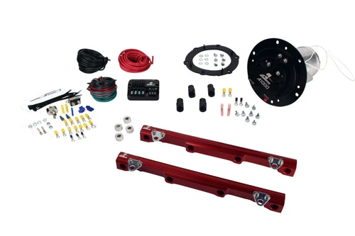 Aeromotive 03-04 Cobra Fuel System, A1000/Rails/PSC/Fittings, top view of fuel rails, pump, wiring, connectors.