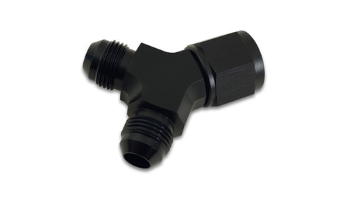 Vibrant black anodized aluminum Y-adapter, -10AN female swivel branch with two -8AN male flare ends, angled view.