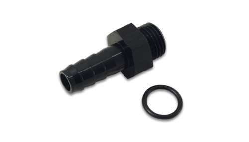 Vibrant black anodized aluminum -8AN ORB to 3/8in barb fitting, hex nut visible, with separate O-ring beside it