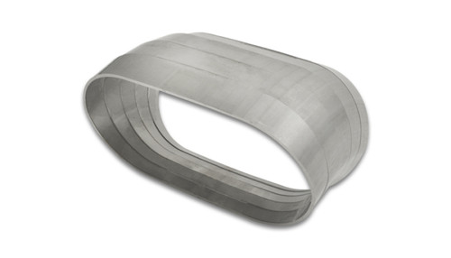 Vibrant vertical oval stainless steel mandrel bend segments, stacked set of 5, angled 3 quarter view