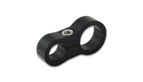 Vibrant stepped hose separator, black anodized aluminum, dual ring clamp with center bolt, angled view