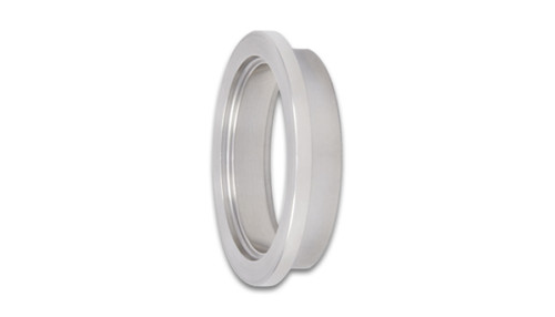 Vibrant 304 stainless V-band wastegate flange for Tial V60 60mm, outlet side, angled view showing round bore and flange lip.