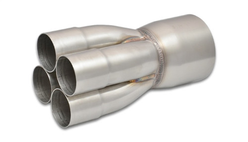 Vibrant 4-1 SS merge collector, angled view showing four 2in inlet tubes merging into 3-1/2in outlet.