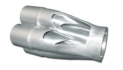 Vibrant 4-1 SS merge collector, dual 2-1/8in slipover inlets, 3-1/2in merge outlet, front angle view
