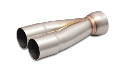 Vibrant 2-1 SS merge collector, dual 1-3/4in slip-over inlets tapering to a single 2-1/4in outlet, welded seam visible.