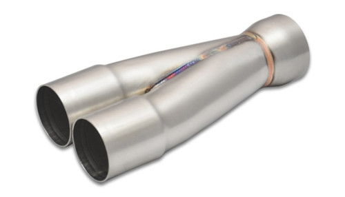 Vibrant stainless steel 2-1 merge collector, dual 1-7/8in inlets tapering to a single 2-1/4in outlet.