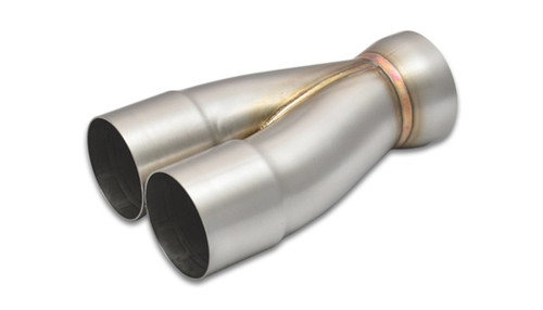 Vibrant 2-1 SS merge collector, dual 2.5in slip-over inlets tapering to single 3in outlet, angled view.
