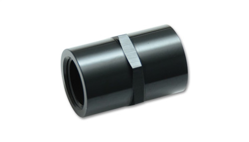 Vibrant 1/4in NPT female pipe coupler fitting in black aluminum, shown at a slight angle with both threaded ends visible.