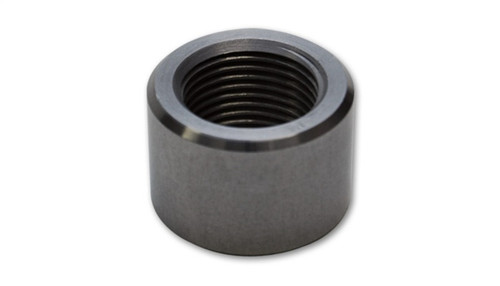 Vibrant aluminum 1in NPT female weld bung, top down view showing internal threads and round cylindrical body