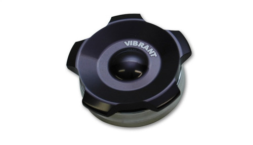 Vibrant 2.75in aluminum weld bung with anodized black threaded cap, angled top view showing knurled grip and O-ring seal