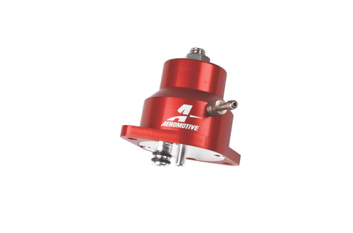 Aeromotive billet adjustable fuel pressure regulator, red anodized, side angle showing fitting and mounting base