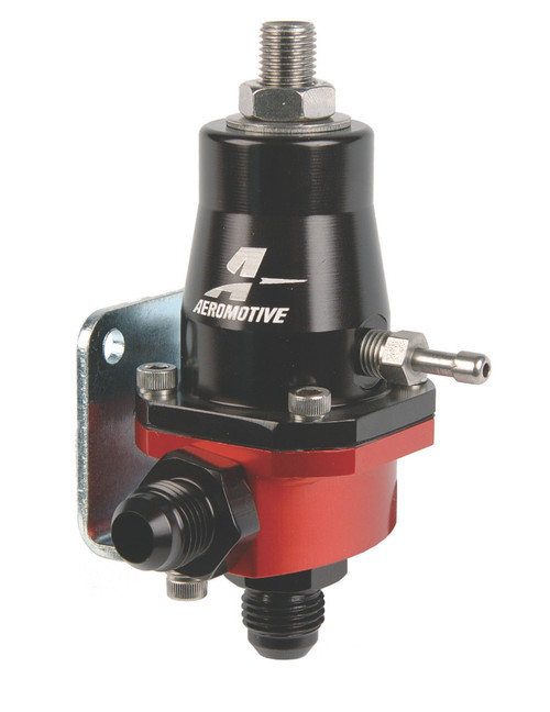Aeromotive compact billet EFI regulator, black and red, mounting bracket, AN-6 inlet and return fittings visible.