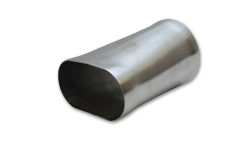 Vibrant 3in oval to 3in round T304 stainless transition adapter, 6in long, angled view showing both ends
