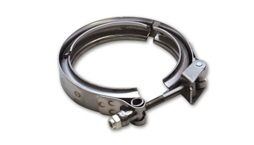 Vibrant SS V-Band clamp shown at an angle, T-bolt and nut visible, fits Tial GT28/GT30/GT35 inlet flange