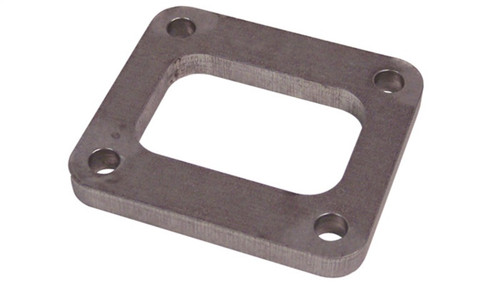 Vibrant T04 turbo inlet flange, rectangular port, four corner bolt holes, T304 stainless steel, angled view