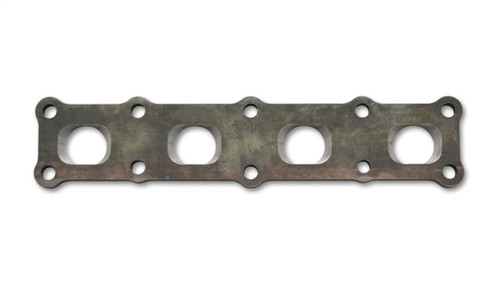 Vibrant mild steel exhaust manifold flange for Mitsubishi 4B11 motor, 1/2in thick, top view showing four ports and mounting holes.