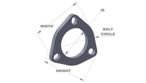 Vibrant 3-Bolt T304 SS Exhaust Flange, 2.5in I.D., angled view showing bolt holes, width, height labels