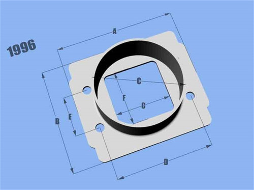 Vibrant MAF sensor adapter plate for Toyota, flat gasket style plate with round center bore and four corner mounting holes, labeled diagram view