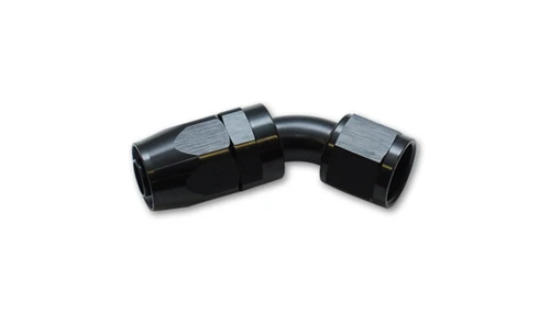 Vibrant -12AN 45 degree elbow hose end fitting in black, showing swivel nut on one side and hex fitting on the angled end.