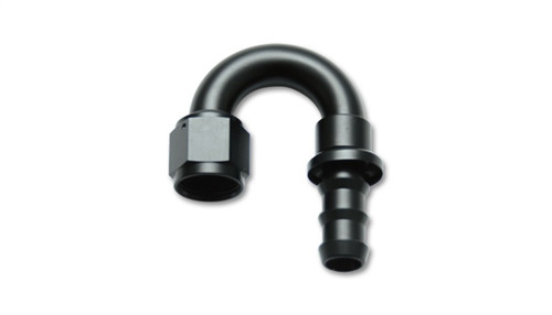 Vibrant -12AN push-on 180 degree hose end fitting in black aluminum, showing barbed nipple and hex nut swivel